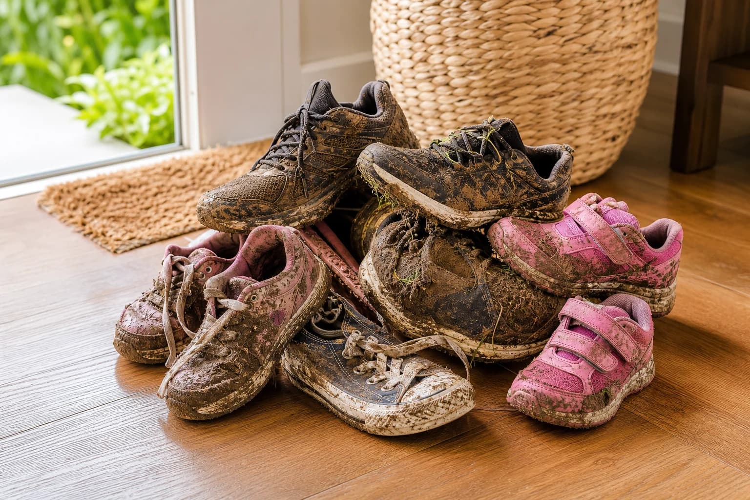 Muddy sneakers piled by a front door